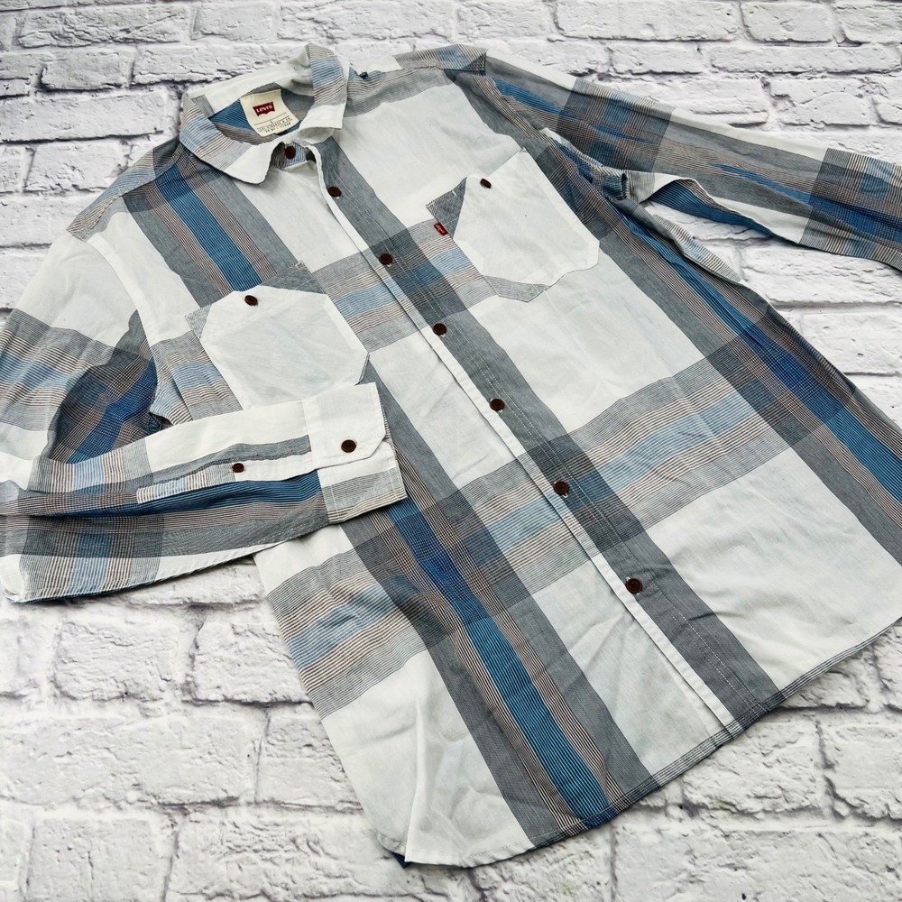 Levi Strauss Mens L Button Up Long Sleeve Plaid Shirt Blue White Gray